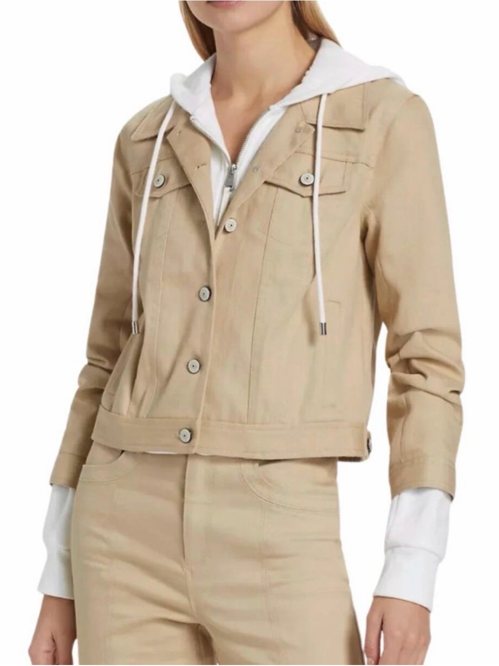 cinq a sept beige cropped jean jacket with white hood